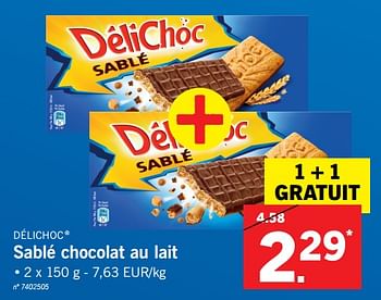 Promotions Sablé chocolat au lait - Délichoc - Valide de 20/11/2017 à 25/11/2017 chez Lidl