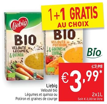 Promotions Liebig velouté bio légumes et quinoa ou potiron et graines de courge - Liebig - Valide de 21/11/2017 à 26/11/2017 chez Intermarche