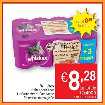 Promotions Whiskas boîtes pour chat la carte mer et campagne en terrine ou en gelée - Whiskas - Valide de 21/11/2017 à 26/11/2017 chez Intermarche