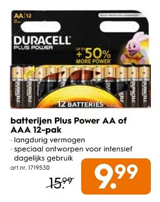 Promotions Batterijen plus power aa of aaa 12-pak - Duracell - Valide de 20/11/2017 à 03/12/2017 chez Blokker
