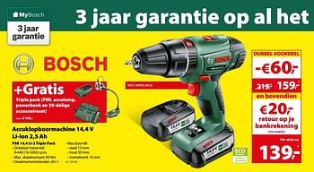 Promoties Bosch accuklopboormachine 14,4 v li-ion 2,5 ah psb 14,4 li-2 triple pack - Bosch - Geldig van 29/11/2017 tot 04/12/2017 bij Gamma