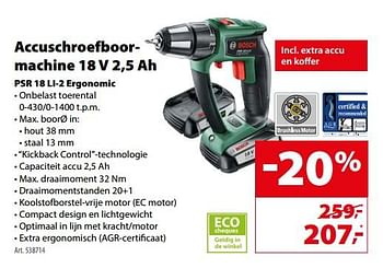 Promotions Bosch accuschroefboormachine 18 v 2,5 ah psr 18 li-2 ergonomic - Bosch - Valide de 29/11/2017 à 04/12/2017 chez Gamma