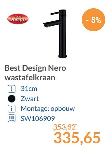 Promoties Best design nero wastafelkraan - Best Design - Geldig van 01/12/2017 tot 31/12/2017 bij Sanitairwinkel