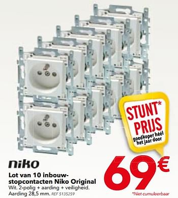 Promoties Lot van 10 inbouw-stopcontacten original - Niko - Geldig van 05/12/2017 tot 01/01/2018 bij BricoPlanit