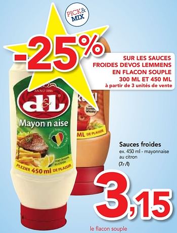 Promotions Sauces froides - Devos Lemmens - Valide de 29/11/2017 à 12/12/2017 chez Makro