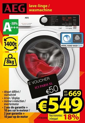 Promotions Aeg lave-linge - wasmachine l7fbe84w - AEG - Valide de 01/12/2017 à 31/12/2017 chez ElectroStock