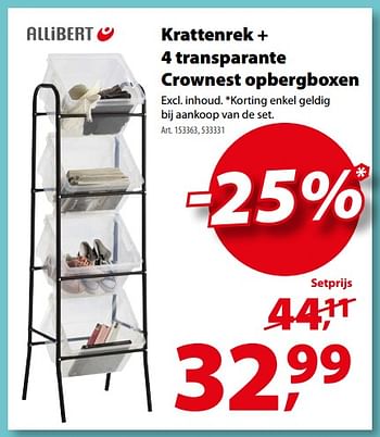 Promoties Set krattenrek met 4 crownest transparante opbergboxen - Allibert - Geldig van 06/12/2017 tot 18/12/2017 bij Gamma