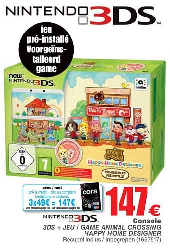 Promotions Console 3ds + jeu - game animal crossing happy home designer - Nintendo - Valide de 28/11/2017 à 11/12/2017 chez Cora