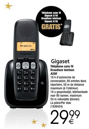 Promoties Gigaset téléphone sans fil draadloze telefoon a250 - Gigaset - Geldig van 28/11/2017 tot 24/12/2017 bij Cora