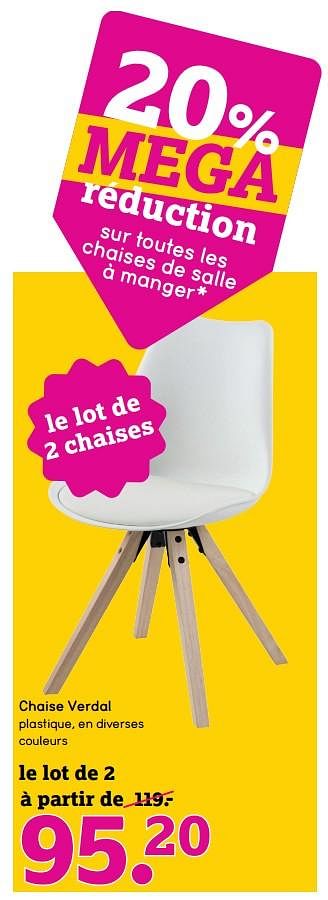 Promotions Chaise verdal plastique, en diverses couleurs - Produit maison - Leen Bakker - Valide de 27/11/2017 à 10/12/2017 chez Leen Bakker