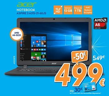 Promotions Acer notebook aspire 3 a315-21-60js - Acer - Valide de 05/12/2017 à 29/12/2017 chez Krefel
