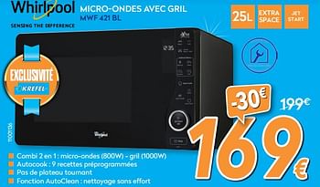 Promoties Whirlpool micro-ondes avec gril mwf 421 bl - Whirlpool - Geldig van 05/12/2017 tot 29/12/2017 bij Krefel
