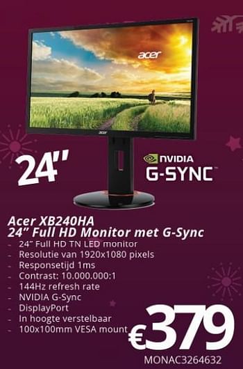 Promoties Acer xb240ha 24 full hd monitor met g-sync monac324632 - Acer - Geldig van 27/11/2017 tot 15/01/2018 bij Compudeals
