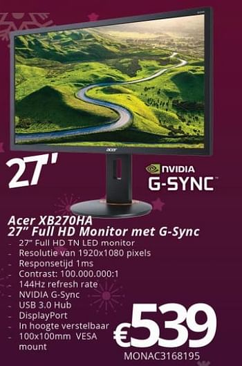 Promotions Acer xb270ha 27 full hd monitor met g-sync monac3168195 - Acer - Valide de 27/11/2017 à 15/01/2018 chez Compudeals