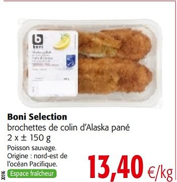 Promotions Boni selection brochettes de colin d`alaska pané - Boni - Valide de 29/11/2017 à 12/12/2017 chez Colruyt