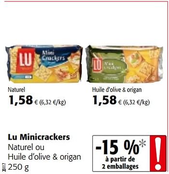 Promotions Lu minicrackers naturel ou huile d`olive + origan - Lu - Valide de 29/11/2017 à 12/12/2017 chez Colruyt