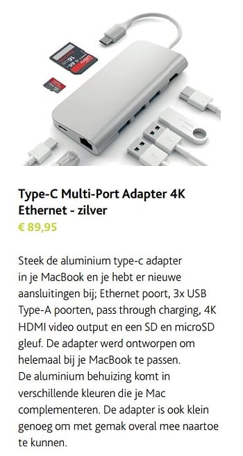 Promoties Type-c multi-port adapter 4k ethernet - zilver - Huismerk - Switch - Geldig van 30/11/2017 tot 06/01/2018 bij Switch