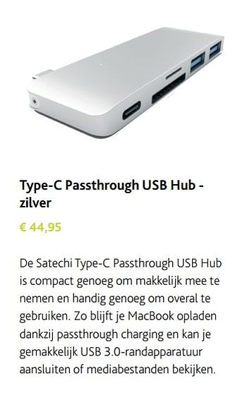 Promoties Type-c passthrough usb hub - zilver - Huismerk - Switch - Geldig van 30/11/2017 tot 06/01/2018 bij Switch