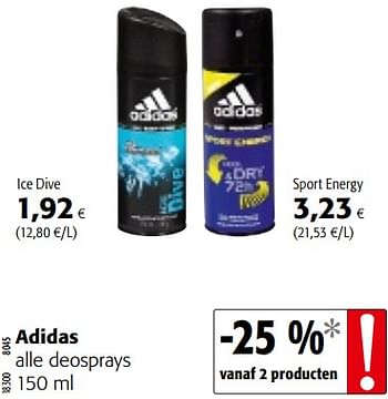 Promoties Adidas alle deosprays - Adidas - Geldig van 29/11/2017 tot 12/12/2017 bij Colruyt