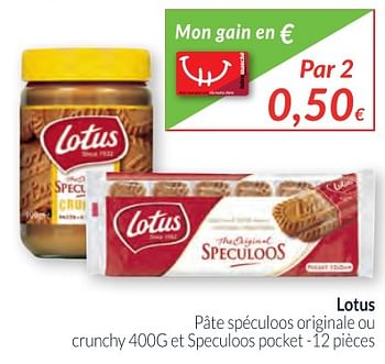 Promotions Lotus pâte spéculoos originale ou crunchy et speculoos pocket - Lotus Bakeries - Valide de 01/12/2017 à 31/12/2017 chez Intermarche