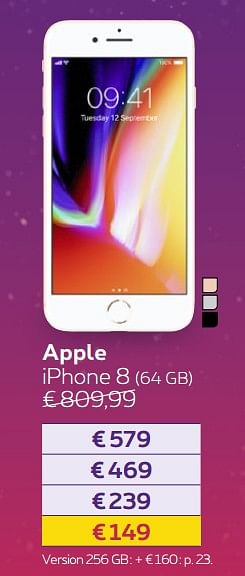 Promotions Apple iphone 8 - Apple - Valide de 24/11/2017 à 01/01/2018 chez Proximus