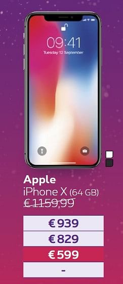 Promotions Apple iphone x - Apple - Valide de 24/11/2017 à 01/01/2018 chez Proximus