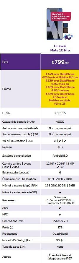 Promotions Huawei mate 10 pro - Huawei - Valide de 24/11/2017 à 01/01/2018 chez Proximus