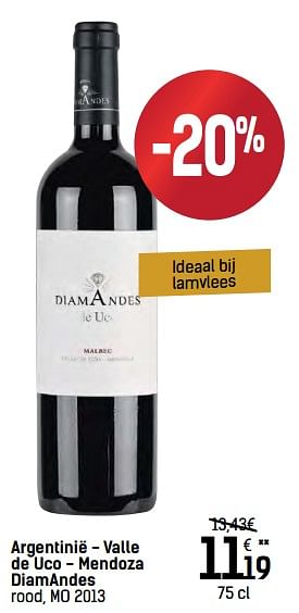 Promoties Argentinië - valle de uco - mendoza diamandes rood, mo 2013 - Rode wijnen - Geldig van 06/12/2017 tot 24/12/2017 bij Carrefour