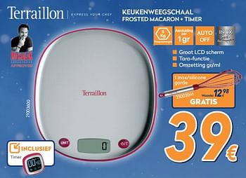 Promoties Terraillon keukenweegschaal frosted macaron + timer - Terraillon - Geldig van 04/12/2017 tot 31/12/2017 bij Krefel