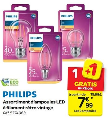 Promotions Philips assortiment d`ampoules led á filament rétro vintage - Philips - Valide de 06/12/2017 à 11/12/2017 chez Carrefour