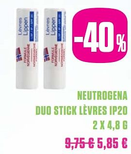 Promotions Neutrogena duo stick lèvres ip20 - Neutrogena - Valide de 01/12/2017 à 28/02/2018 chez Medi-Market
