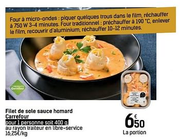 Promoties Filet de sole sauce homard carrefour - Huismerk - Carrefour  - Geldig van 06/12/2017 tot 24/12/2017 bij Carrefour