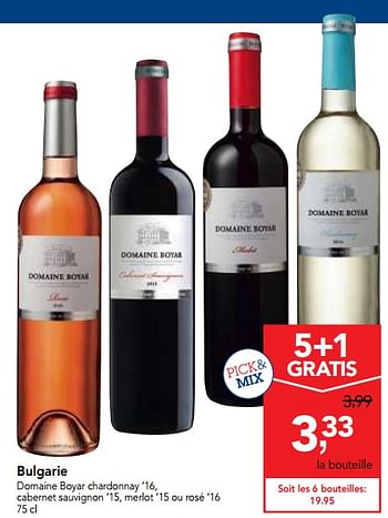Promoties Bulgarie domaine boyar chardonnay, cabernet sauvignon - Rode wijnen - Geldig van 13/12/2017 tot 30/12/2017 bij Makro