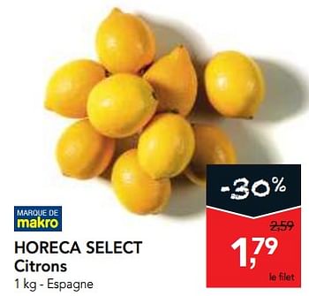 Promotions Horeca select citrons - Produit maison - Makro - Valide de 13/12/2017 à 30/12/2017 chez Makro