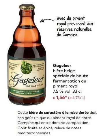 Promotions Gageleer bière belge spéciale de haute fermentation au piment royal - Gageleer - Valide de 06/12/2017 à 02/01/2018 chez Bioplanet