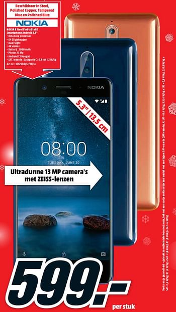 Promoties Nokia 8 steel 11nb1s01a02 smartphone android - Nokia - Geldig van 11/12/2017 tot 17/12/2017 bij Media Markt