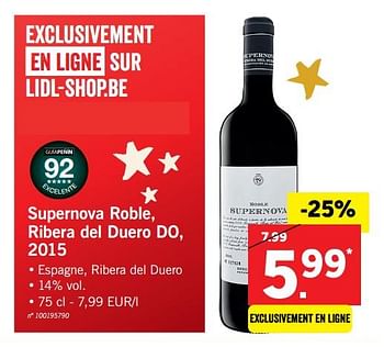 Promotions Supernova roble, ribera del duero do, 2015 - Vins rouges - Valide de 18/12/2017 à 24/12/2017 chez Lidl