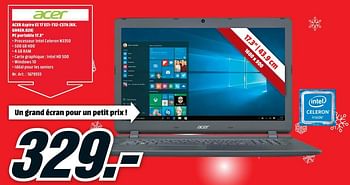 Promotions Acer aspire es 17 es1-732-c57a (nx. gh4eh.026) pc portable 17.3 - Acer - Valide de 11/12/2017 à 17/12/2017 chez Media Markt