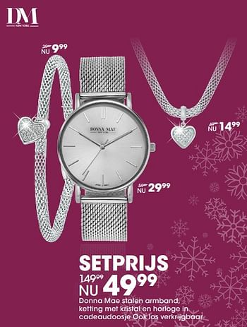 Promoties Donna mae stalen armband, ketting met kristal en horloge in cadeaudoosje - Donna Mae  - Geldig van 27/11/2017 tot 31/12/2017 bij Lucardi