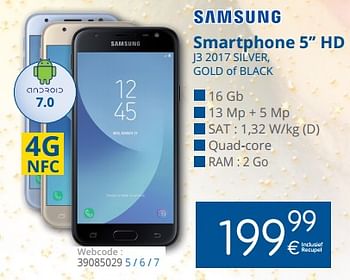 Promoties Samsung smartphone 5 hd j3 2017 silver, gold of black - Samsung - Geldig van 11/12/2017 tot 31/12/2017 bij Eldi