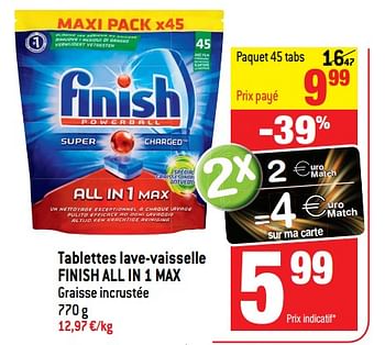 Promoties Tablettes lave-vaisselle finish all in 1 max - Finish - Geldig van 13/12/2017 tot 19/12/2017 bij Smatch