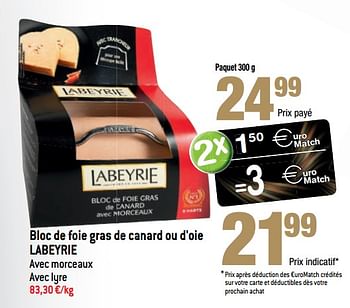 Promotions Bloc de foie gras de canard ou d`oie labeyrie - Labeyrie - Valide de 13/12/2017 à 01/01/2018 chez Match