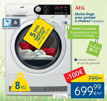 Promoties Aeg sèche-linge avec pompe à chaleur t8dbe84w - AEG - Geldig van 11/12/2017 tot 31/12/2017 bij Eldi