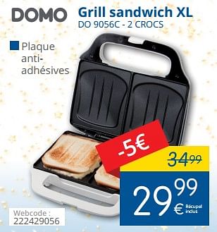 Promotions Domo grill sandwich xl do 9056c - 2 crocs - Domo elektro - Valide de 11/12/2017 à 31/12/2017 chez Eldi