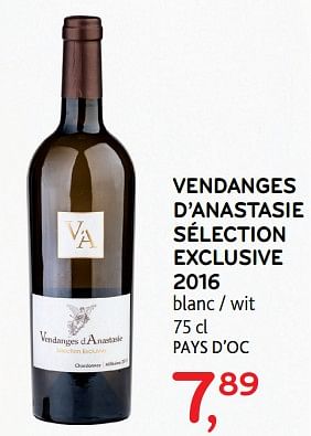 Promotions Vendanges d`anastasie sélection exclusive 2016 - Vins blancs - Valide de 13/12/2017 à 02/01/2018 chez Alvo