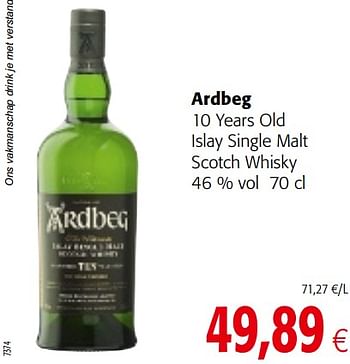 Promoties Ardbeg 10 years old islay single malt scotch whisky - Ardbeg - Geldig van 13/12/2017 tot 02/01/2018 bij Colruyt