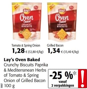 Promoties Lay`s oven baked crunchy biscuits paprika + mediterranean herbs of tomato + spring onion of grilled bacon - Lay's - Geldig van 13/12/2017 tot 02/01/2018 bij Colruyt