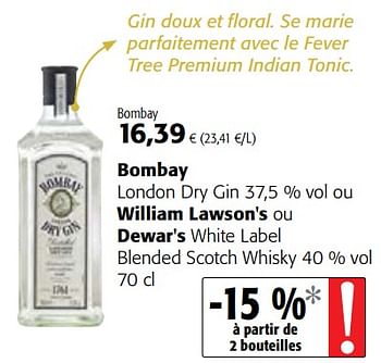 Promotions Bombay london dry gin 37,5 % vol ou william lawson`s ou dewar`s white label blended scotch whisky - Produit maison - Colruyt - Valide de 13/12/2017 à 02/01/2018 chez Colruyt