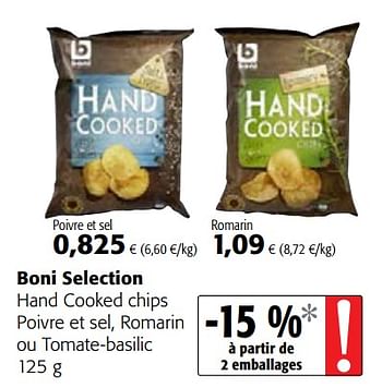 Promoties Boni selection hand cooked chips poivre et sel, romarin ou tomate-basilic - Boni - Geldig van 13/12/2017 tot 02/01/2018 bij Colruyt