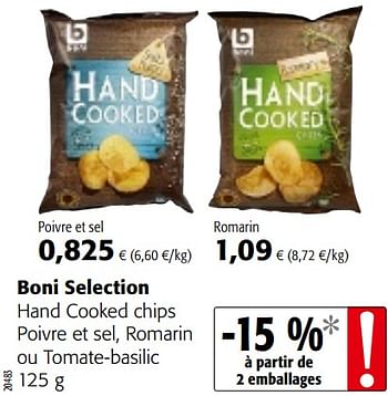 Promotions Boni selection hand cooked chips poivre et sel, romarin ou tomate-basilic - Boni - Valide de 13/12/2017 à 02/01/2018 chez Colruyt